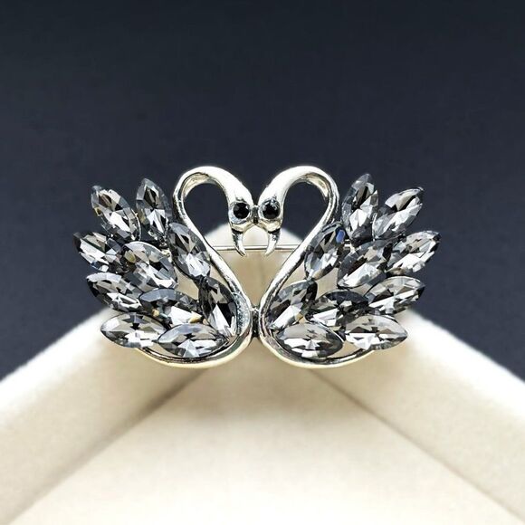 Silver with Gray and Black Onyx Crystal Kissing Swan Duo Pin Back Brooch - Picture 2 of 7